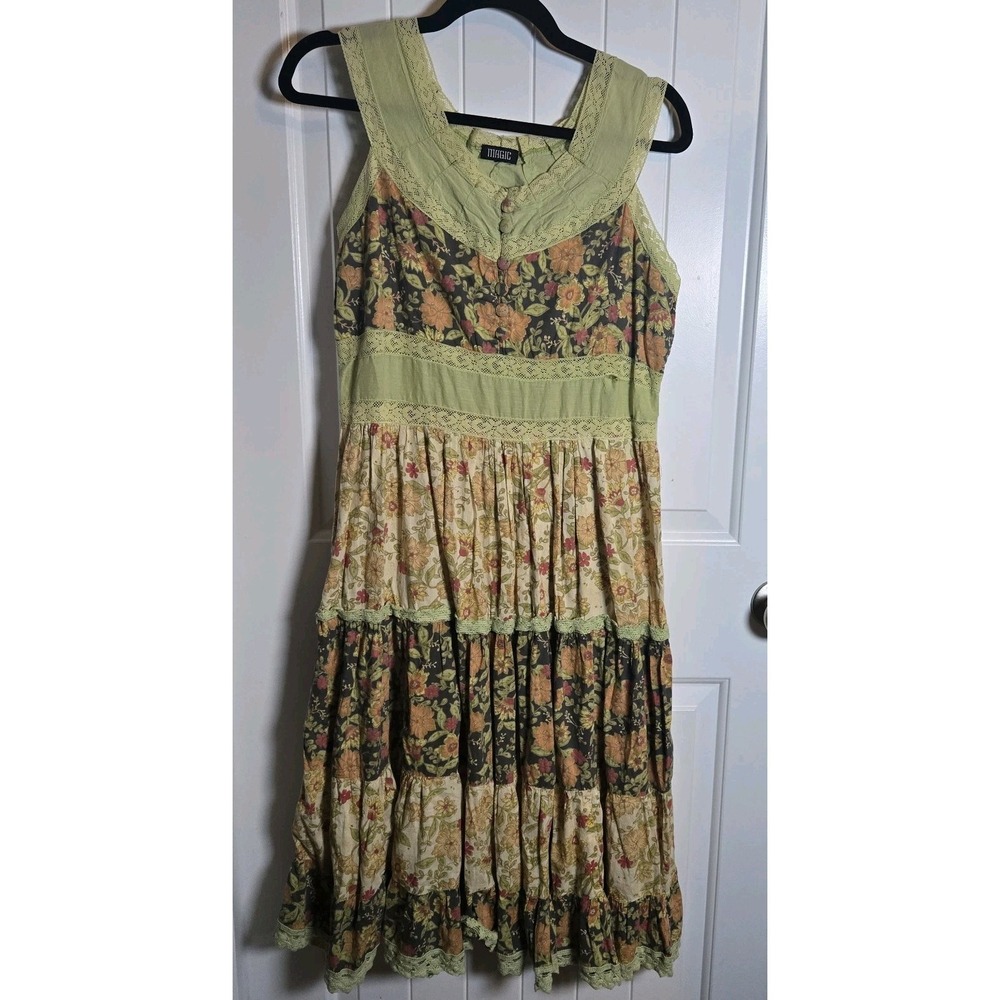 Green Boho Dress with Top Buttons, Lace Trim, Floral Print Sz L